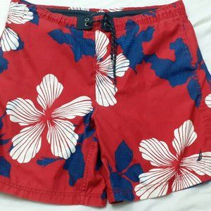 Vtg Nautica Swim Trunks Floral Red Blue White Surf